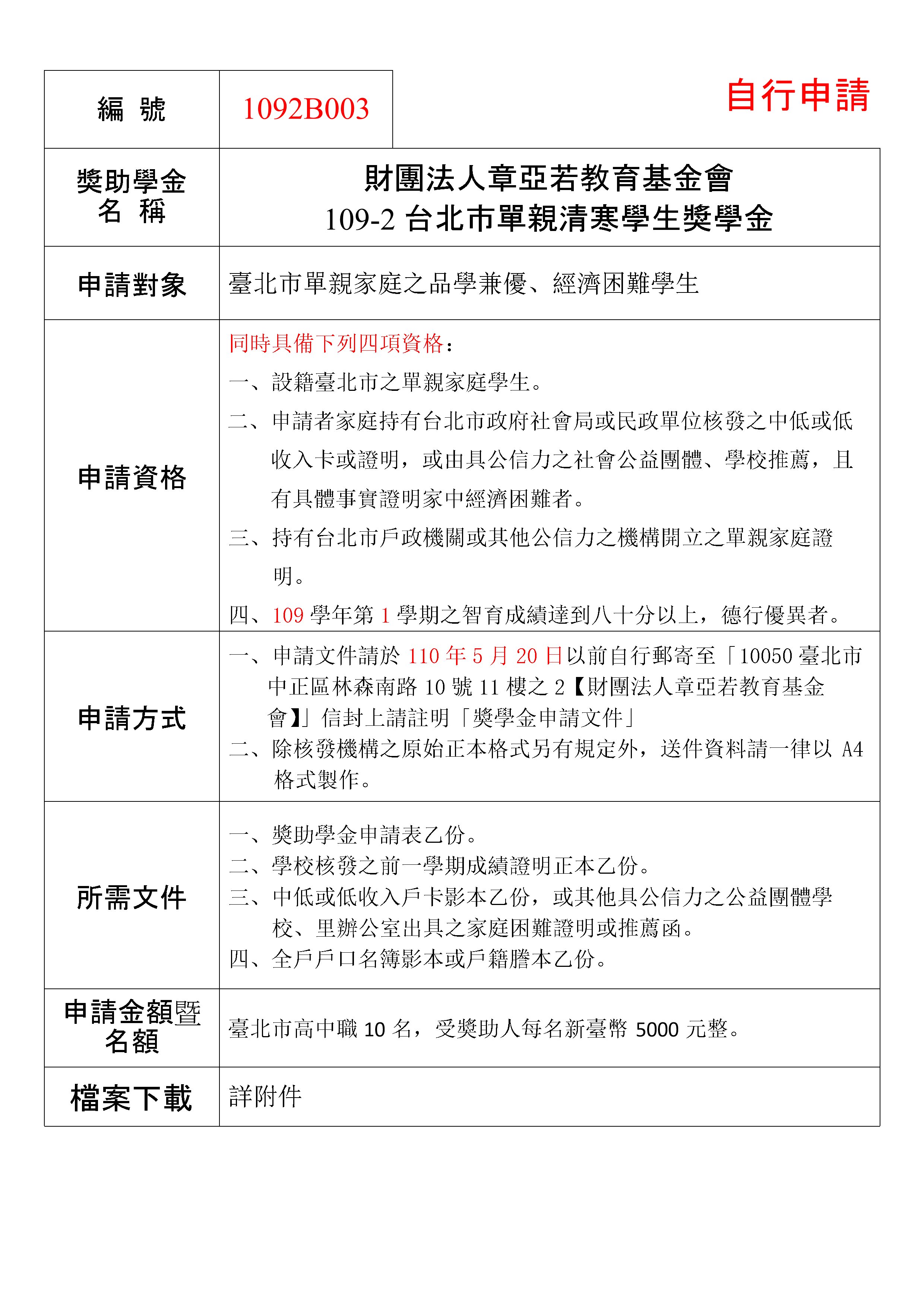 章亞若台北市單親清寒學生獎學金公告