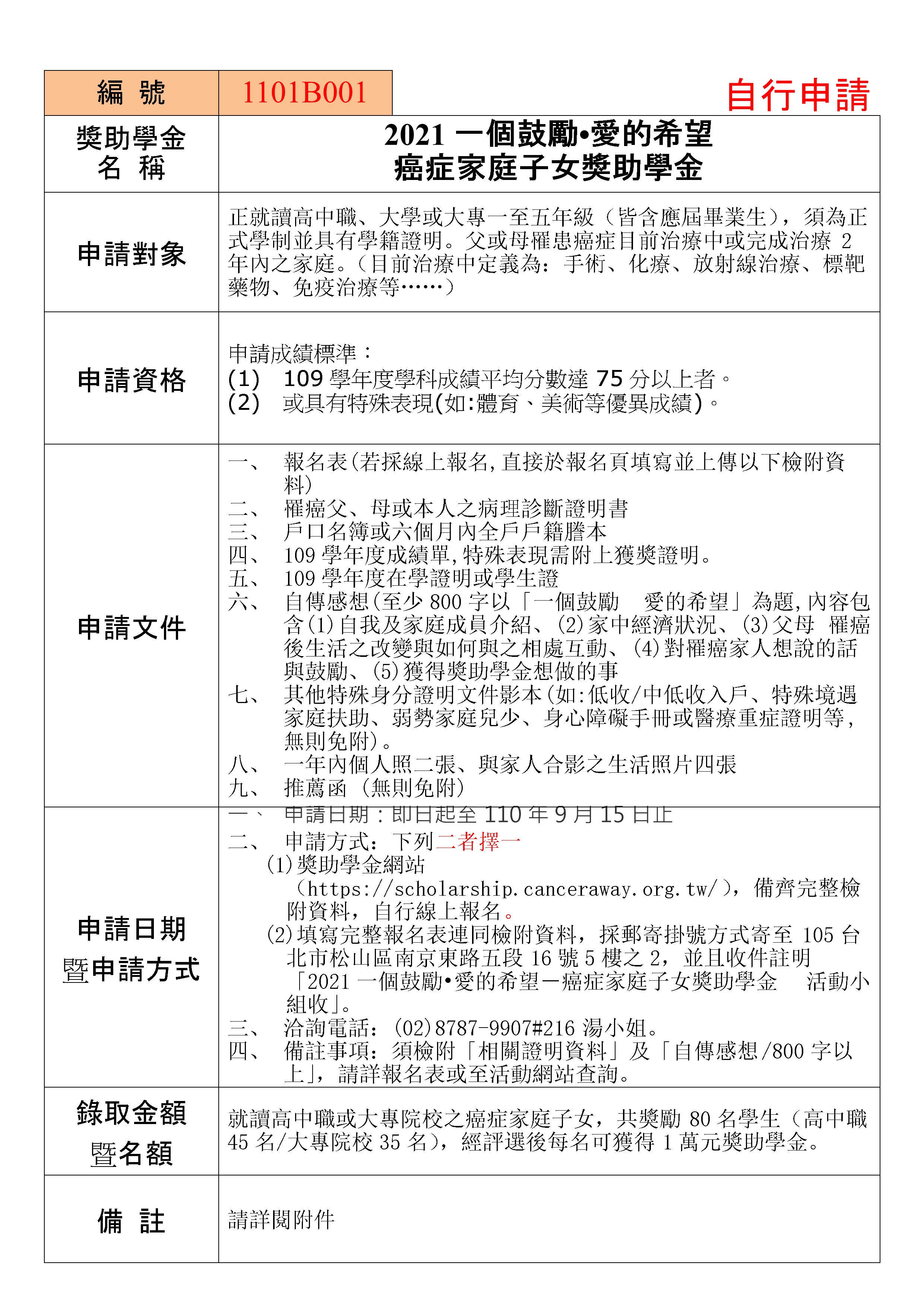 21一個鼓勵 愛的希望癌症家庭子女獎助學金 即日起至110年9月15日止自行申請 臺北市立大安高級工業職業學校