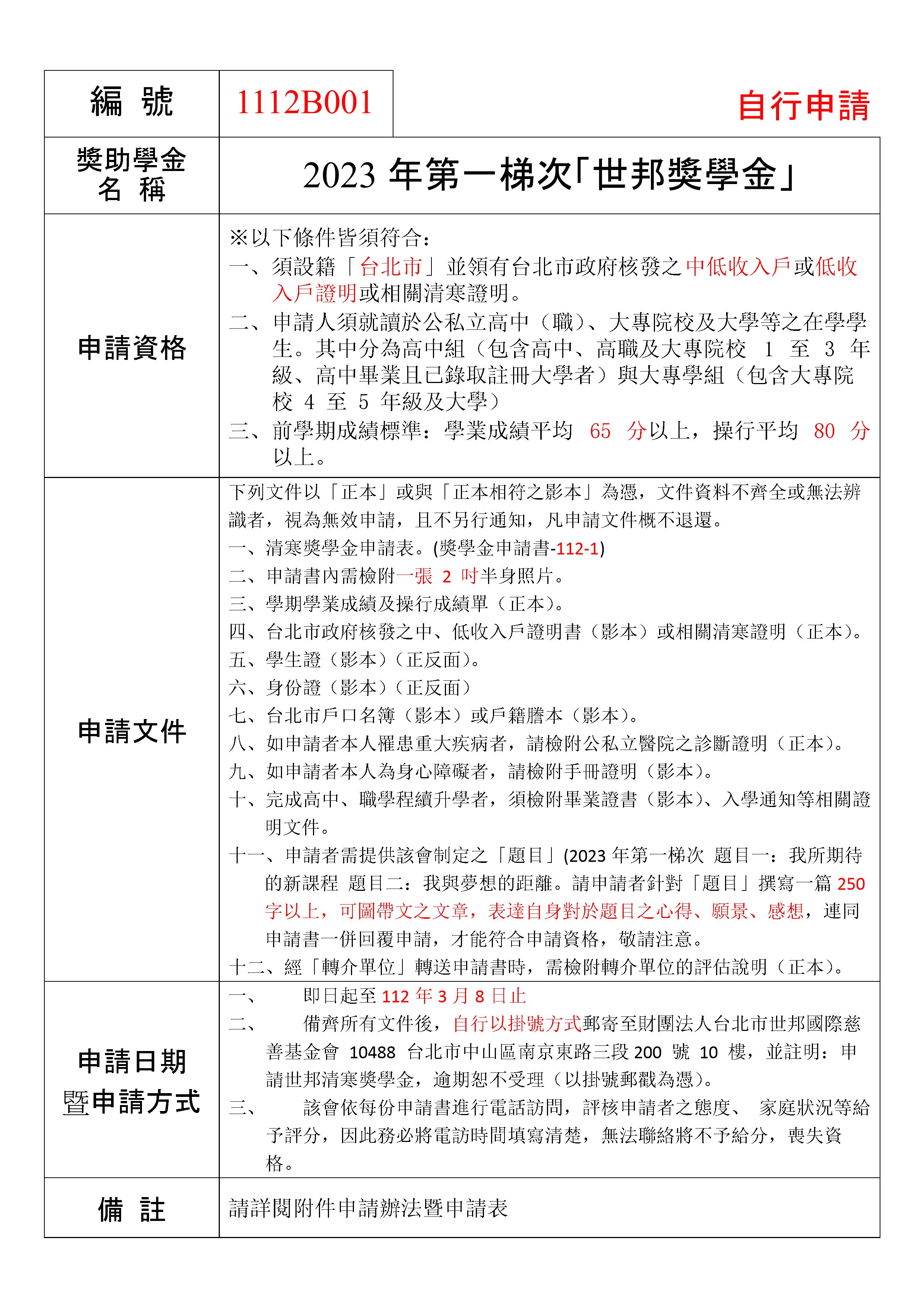 第一梯次「世邦獎學金」公告